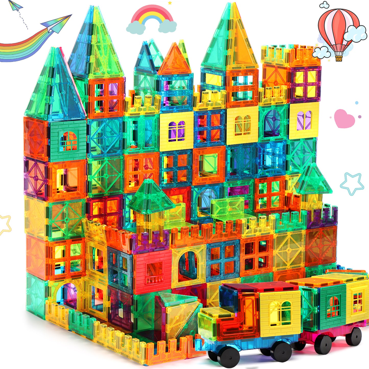 FNJO Magnetic Tiles, 100PCS Building Blocks, Magnets Building Set, STEM Toys Christmas Toy Gift for Kids Boys and Girls