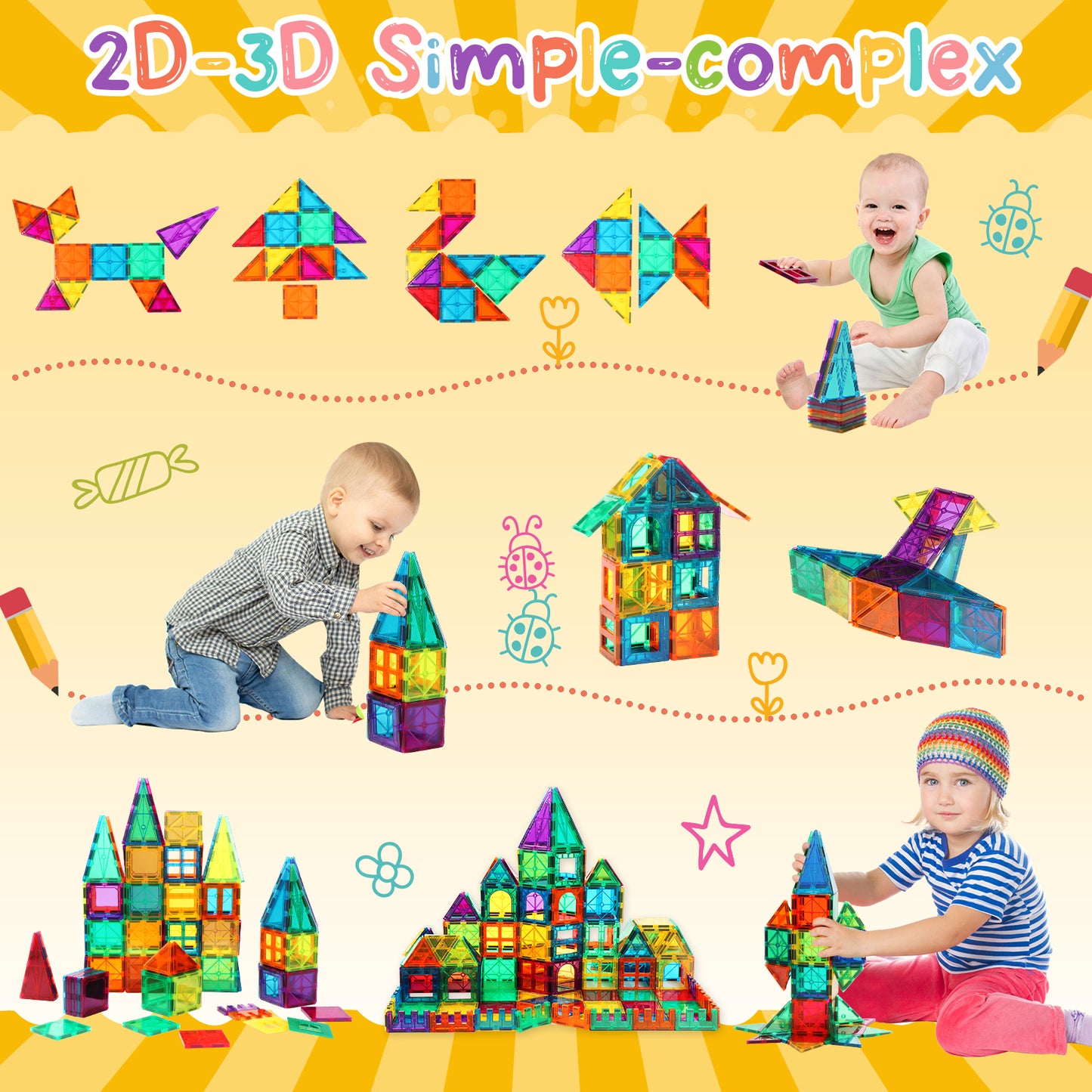 FNJO Magnetic Tiles, Magnet Building Set,60 PCS Building Blocks Set STEM Preschool Montessori Toy for Kids Boys Girls