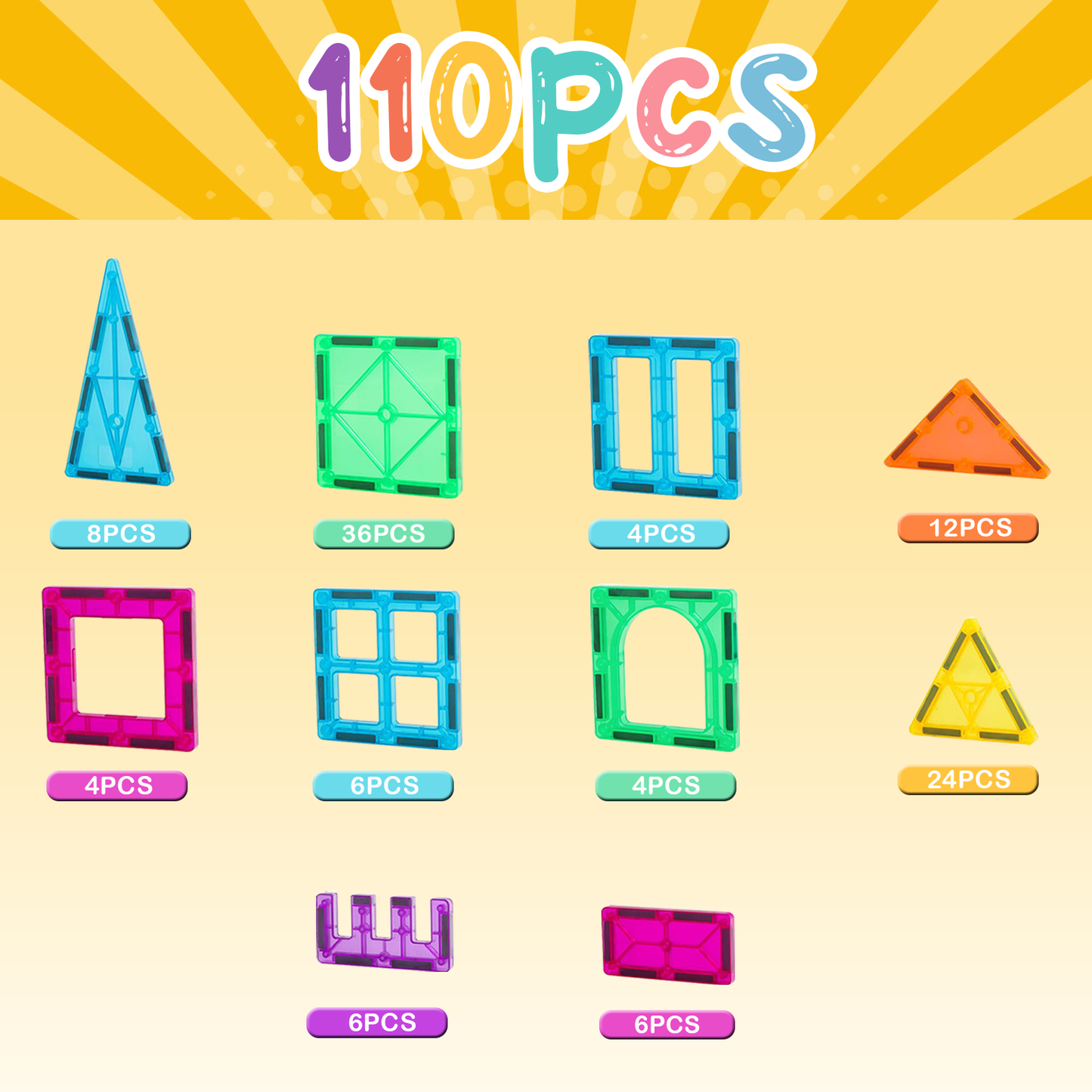 FNJO Magnetic Tiles, 110PCS Magnet Building Set, Magnetic Building Blocks,Construction STEM Toys for Kids, Gift for Boys Girls