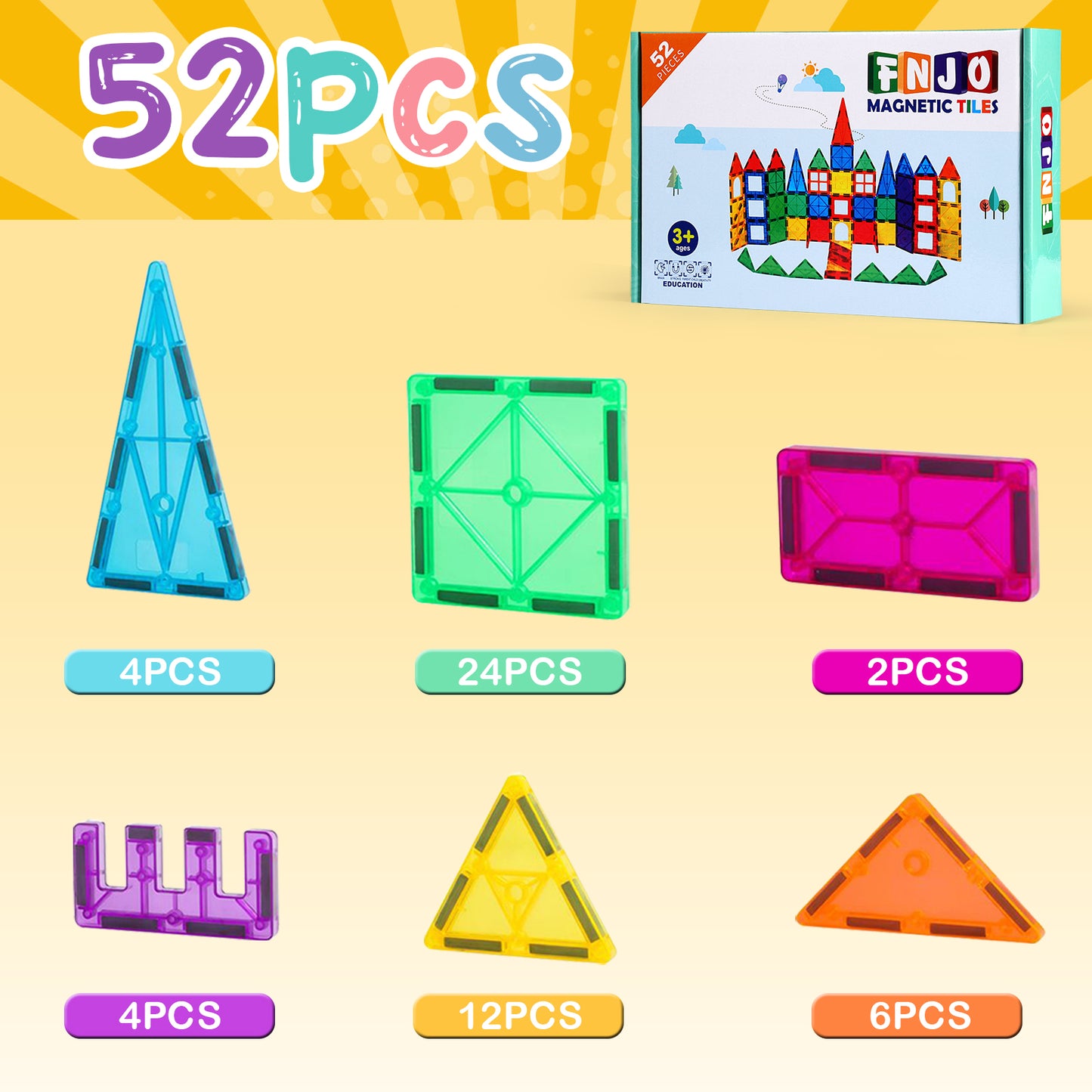 FNJO Magnetic Tiles, 52PCS Magnet Building Set, Magnetic Building Blocks,Construction STEM Toys for Kids, Gift for Boys Girls