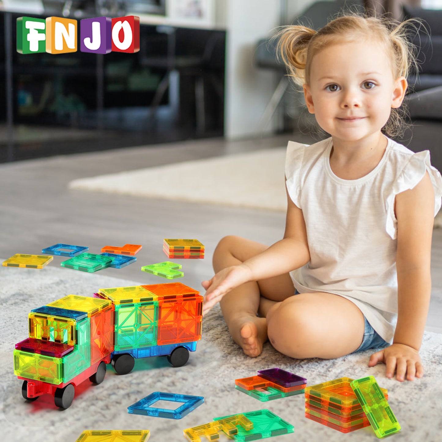 FNJO Magnetic Car Set, Compatible with Magnetic Tiles, 2 Car Trucks