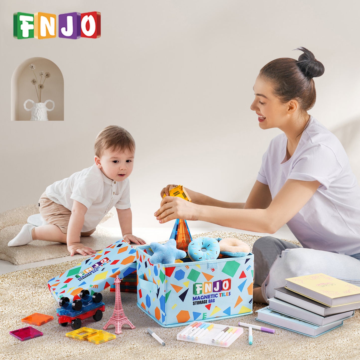 Toy Storage Bin,Foldable Toy Organizer with Lid, Playroom Organizer,Toy Holder,Storage Box for Magnetic Tiles,Play Figure