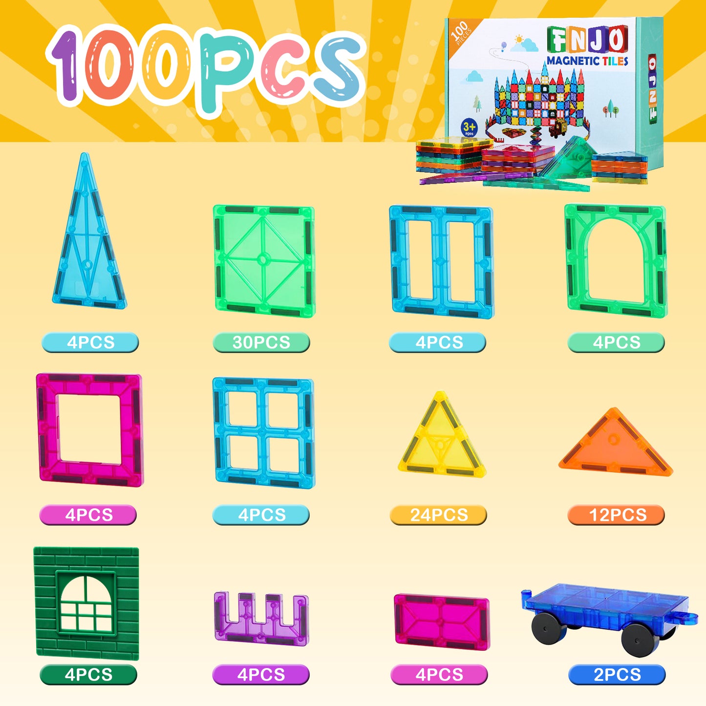 FNJO Magnetic Tiles, 100PCS Building Blocks, Magnets Building Set, STEM Toys Christmas Toy Gift for Kids Boys and Girls
