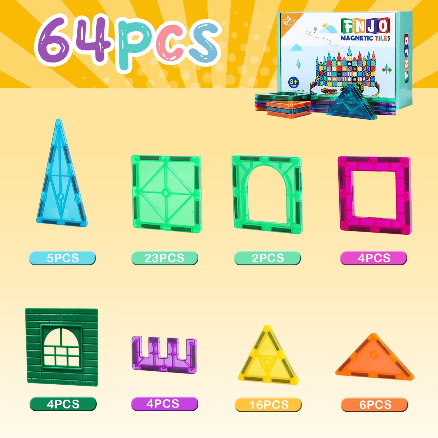 FNJO Magnetic Tiles, Magnetic Building Blocks, Magnets Building Set, STEM Toys for Kids Boys and Girls Creative and Inspirational