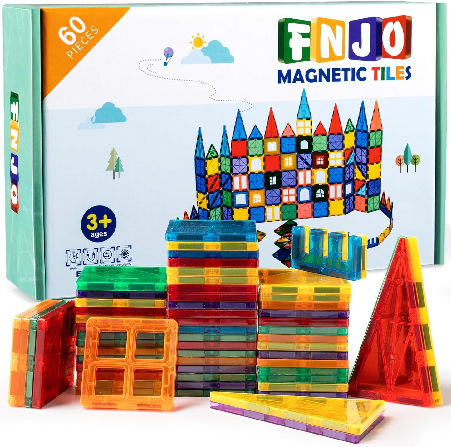 FNJO Magnetic Tiles, Magnet Building Set,60 PCS Building Blocks Set STEM Preschool Montessori Toy for Kids Boys Girls