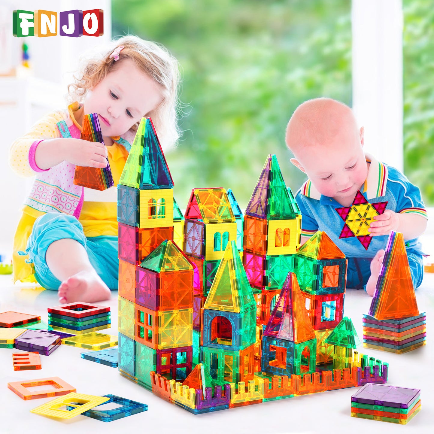 FNJO Magnetic Tiles, 100PCS Building Blocks, Magnets Building Set, STEM Toys Christmas Toy Gift for Kids Boys and Girls